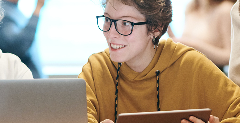 Smiling young woman discussing 