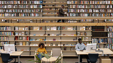 People studying in the library and choosing books for reading