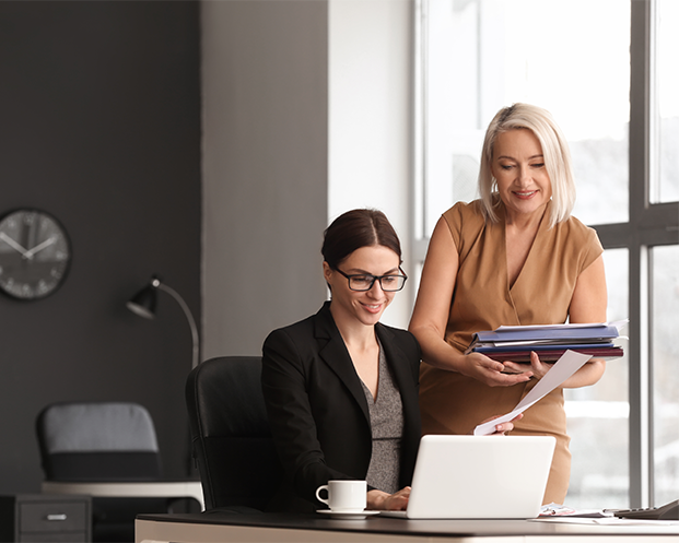 Female accountant and her colleague working in office