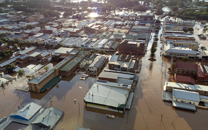 Lismore city in flood at sunset